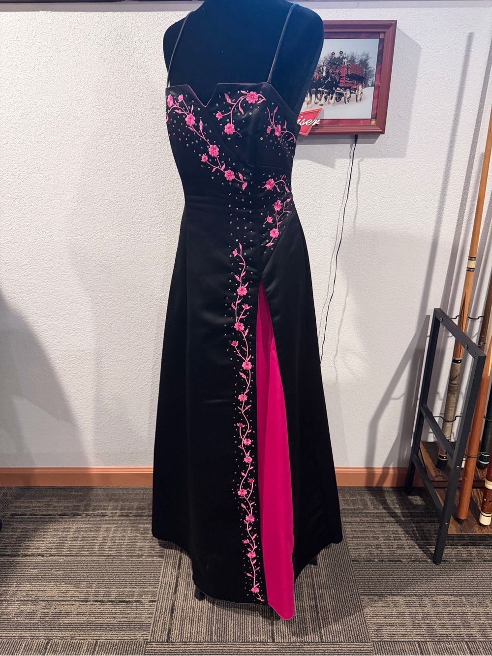 Black Evening Prom Dress with Hot Pink Floral Embroidery